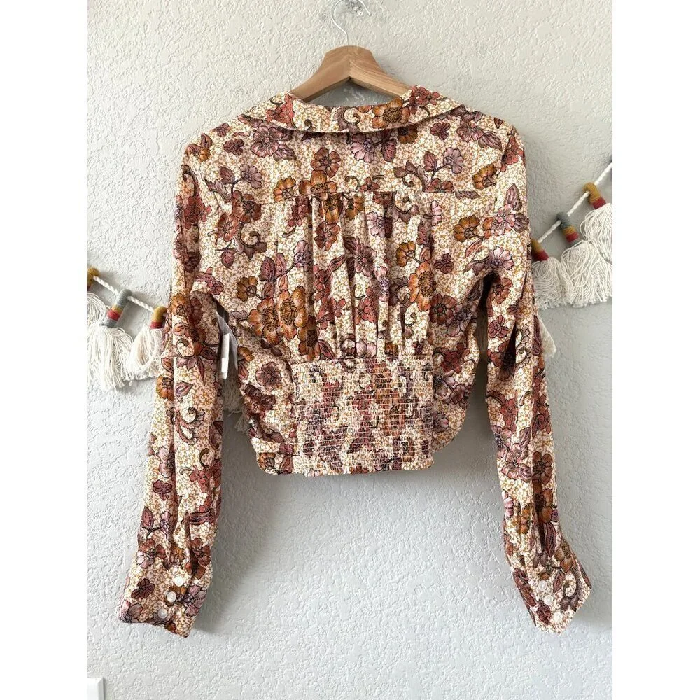 Free People I Got You Printed Top Orange Floral Ruched Boho Fall Coquette NWT XS